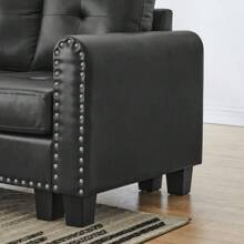 Sofá seccional de 3 plazas de PU negro, chaise longue reversible, con cojines de almacenamiento y portavasos de madera, patas antideslizantes - Negro - Ver 7