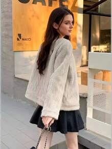 Solid Color Single-Breasted Cropped Faux Mink Jacket - Apricot - View 1