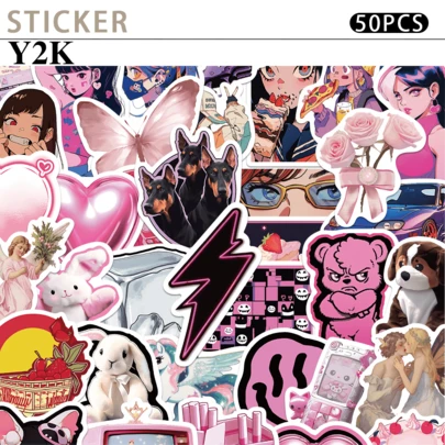 50张Y2K风格市中心贴纸，可用于行李箱、杯子、笔记本电脑、吉他、滑板、剪纸书、DIY创意礼物等，PVC防水材质，适合返校季、剪贴簿等，趣味贴纸，也可用于笔记本电脑、Kindle、手机等。