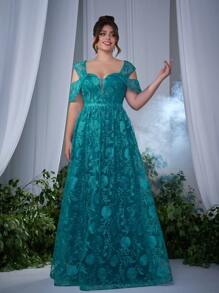 Plus Size (Non-Locational Flowers) Embroidered Lace Spaghetti Strap Ruffle Sleeve High-End Evening Gown, Bridesmaid Dress - Blue - View 4