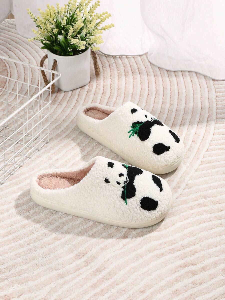 新款可爱卡通动物毛绒内衬厚圣诞树拖鞋，儿童和青少年防滑保暖室内家居拖鞋，节日氛围保暖拖鞋 - 白色 - 查看 1