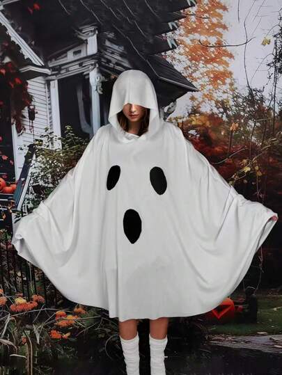 1pc Extra Oversized Adults Black & White Ghost Skeleton Print Hooded Cape, Halloween Costume Prop And Cosplay Accessory