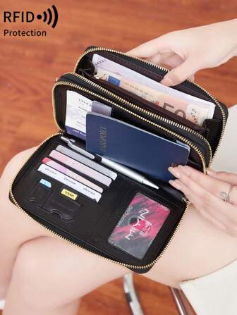 MIYIN 时尚双拉链大容量 RFID 屏蔽护照夹信用卡夹，男女皆宜，带腕带和可调节肩带，多功能旅行钱包手机钱包护照夹，可装信用卡/身份证/门票/现金/护照，便携式创意飞机护照包生日礼物、礼物、周年纪念、送给男朋友/父亲的礼物、旅行配件、旅行必需品强盗