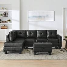 Sofá seccional de 3 plazas de PU negro, chaise longue reversible, con cojines de almacenamiento y portavasos de madera, patas antideslizantes - Negro - Ver 5