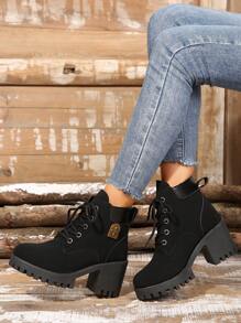 Women's Fashionable Mid-Heel Anti-Slip Korean Style Waterproof Boots, Light Weight, Warm Lining, Autumn/Winter 2024 - Black - View 5