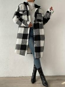 Women's Autumn & Winter Single-Breasted Lapel Plush Plaid Coat, Loose Long Overcoat, Long-Sleeved Outerwear - Black and White Grid - View 5