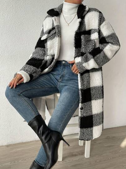 Women's Autumn & Winter Single-Breasted Lapel Plush Plaid Coat, Loose Long Overcoat, Long-Sleeved Outerwear