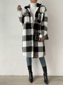 Women's Autumn & Winter Single-Breasted Lapel Plush Plaid Coat, Loose Long Overcoat, Long-Sleeved Outerwear - Black and White Grid - View 4