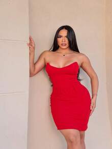 Short Ana Ruga Ribbed Strapless Dress - 紅色 - 查看 1