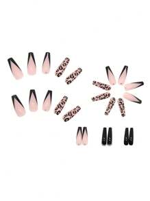 24Pcs French Long Ballet Design Rhinestone Studded Leopard Print False Nails, Full Coverage Reusable Manicure Set For Party, Banquet, Daily Wear Press On Nails Nail Supplies Nails - Multicolor - View 3