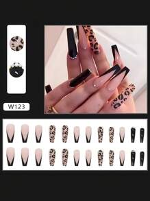 24Pcs French Long Ballet Design Rhinestone Studded Leopard Print False Nails, Full Coverage Reusable Manicure Set For Party, Banquet, Daily Wear Press On Nails Nail Supplies Nails - Multicolor - View 2