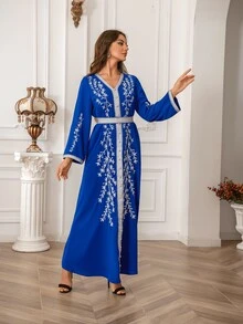 Bata de manga larga ajustada con cuello en V bordado y volantes, elegante y encantadora - Azul - Ver 7