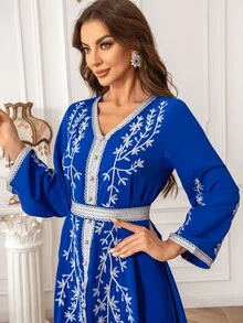 Bata de manga larga ajustada con cuello en V bordado y volantes, elegante y encantadora - Azul - Ver 3