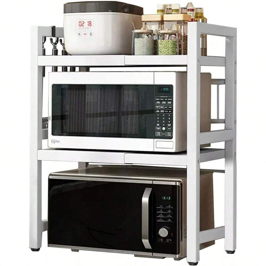 Expandable Microwave Shelf, 3 Tier Microwave Oven Rack Stand Storage Holder Kitchen Corner Shelf Desktop Printer Shelf Rack, Bakers Rack (White) - White - View 1
