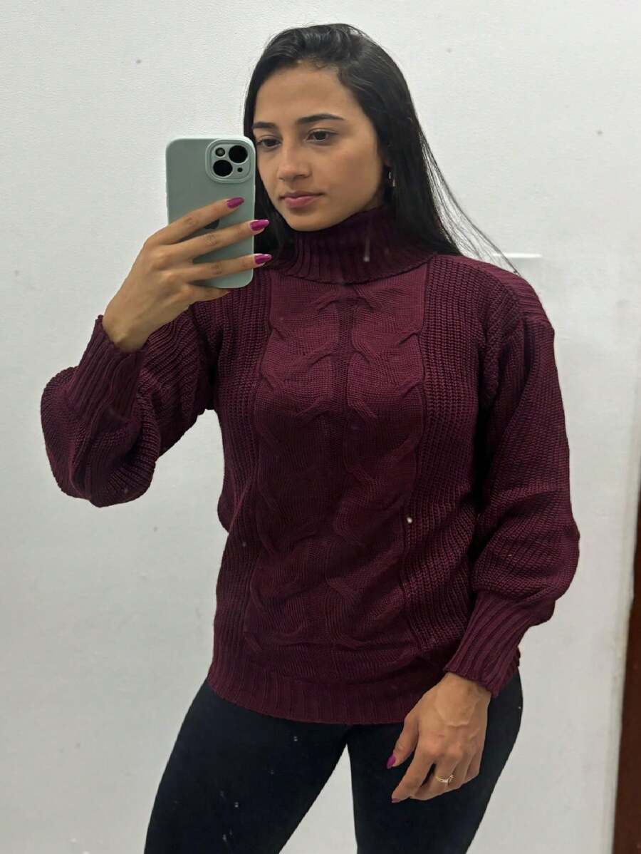 Elegance High Neck Blouse Made In Fang Stitch Knitting With Puffed Sleeves - 酒紅色 - 查看 1