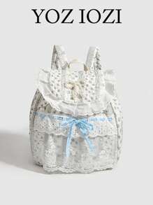 Mochila con lazo de encaje con estampado floral disperso, diseño versátil y elegante para estudiantes universitarios y salidas, diseño lindo y fresco, bolso escolar para el campus