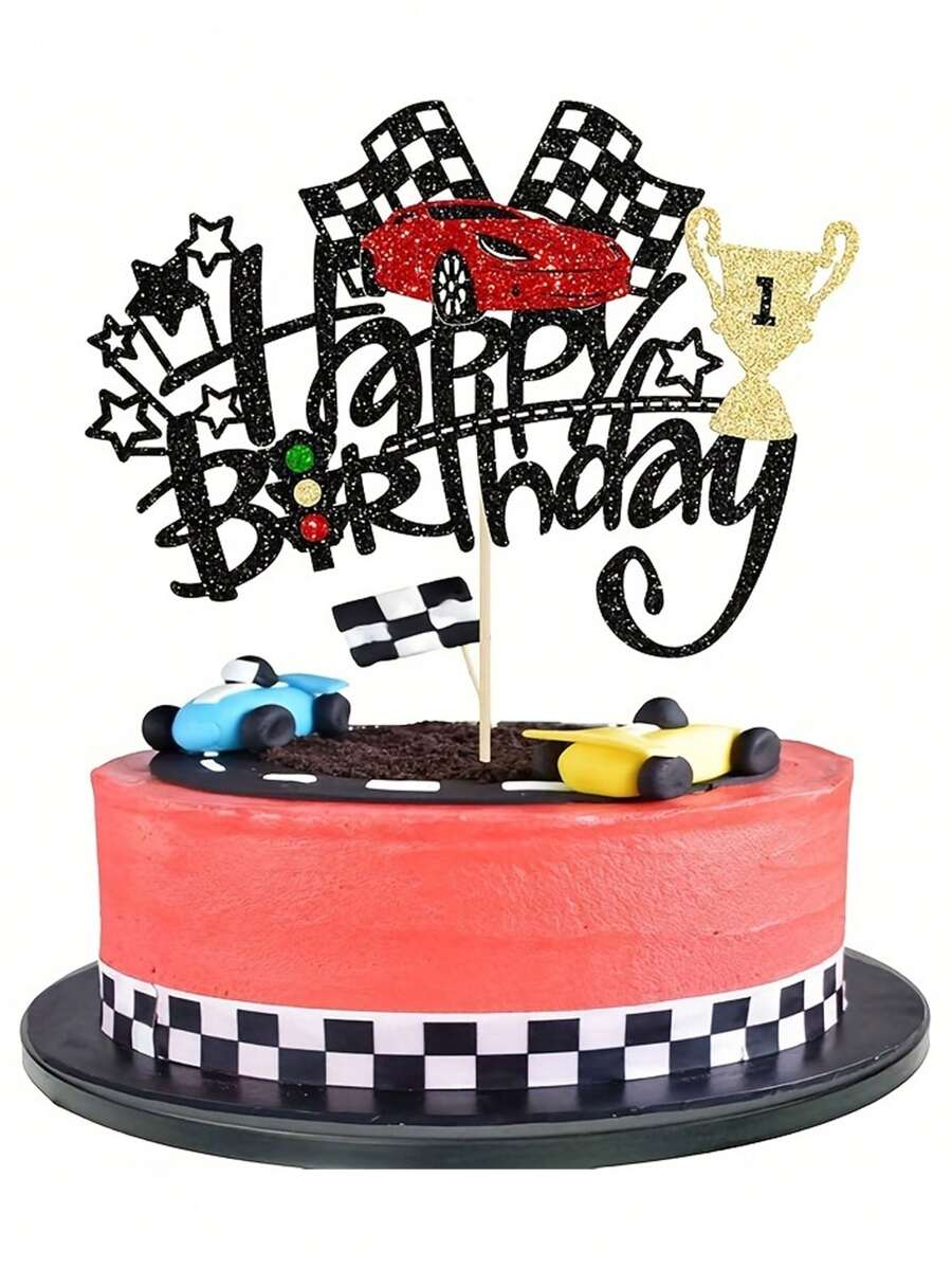 1 件赛车生日快乐蛋糕装饰闪光交通灯奖杯旗帜头盔赛车蛋糕精选让我们去赛车主题生日派对装饰用品，回到学校情人节 - 無色 - 查看 1