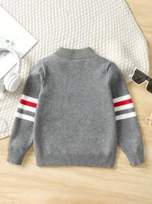 Young Boy School Style Color Block Striped Half Zip Stand Collar Sweater, Suitable For Spring, Autumn And Winter - Grey - View 2
