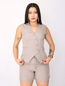 Women's Vest And Shorts Set In Luís Twill Fabric - 珍珠 - 查看 8