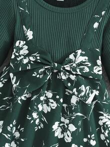 女婴可爱花卉印花腰部蝴蝶结二合一连衣裙，春秋装 - 綠色 - 查看 3