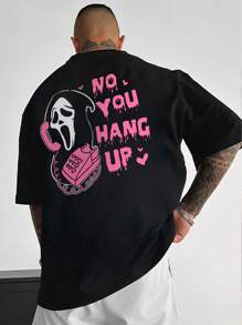 男士字母与卡通印花圆领短袖 T 恤 - 黑色 - 查看 1