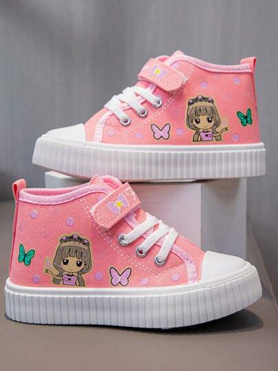 1 par Zapatos de lona informales, cómodos y de suela plana con diseño de princesa de dibujos animados lindos para niñas, de media altura