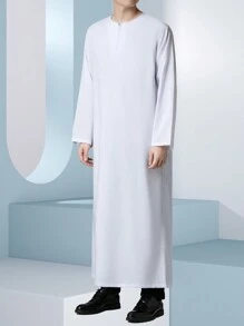 Ramadan Men's Arab Round Neck Half Cardigan Robe Thobe, Dishdasha Long Sleeved - White - View 4
