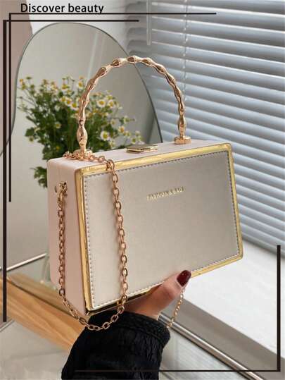 Pu Lychee Textured Metal Bamboo Design Handbag Decorated With Gold-Tone Side Border & Hot-Stamped Letter, Structured Box Bag For Ladies With Chain Strap - Suitable As A Gift