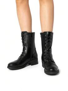Women's Almond Round Toe Mid-Calf Boots Lace-Up Side Zipper Classic Combat Cycling Winter Military Boots  Riding Winter Festival Christmas Black Boots - ĐEN/PU - Xem 5
