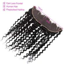 Deep Wave Frontal Closure 13x4 Transparent Lace Frontal Closure 150% Density Brazilian Human Hair 13x4 Ear To Ear Full Lace Frontal Closure Pre-Plucked With Baby Hair Natural Black Color