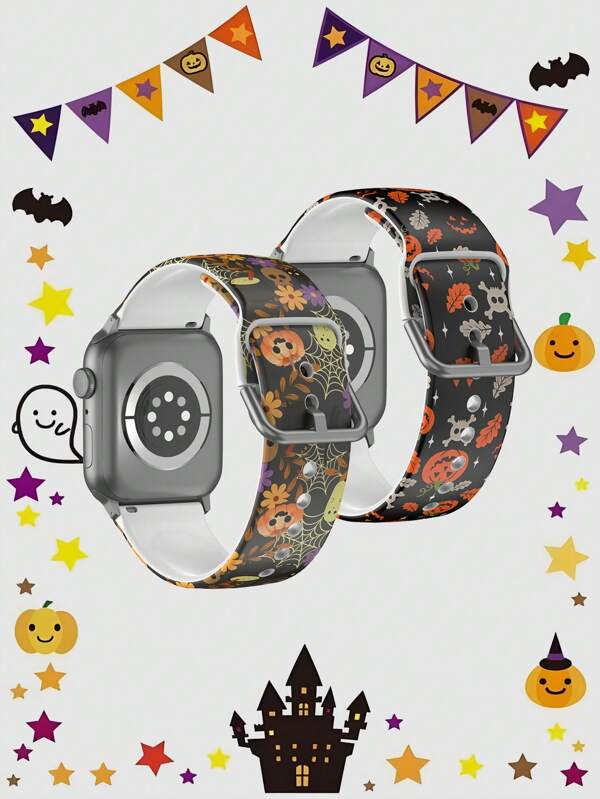 1pc Green Ghost Pattern Soft Elastic Breathable Comfortable Replacement Wristband Strap Compatible With Apple Watch 38mm 40mm 41mm 45mm 44mm 42mm 49mm, Fashionable Casual Silicone Watch Band For Apple Watch Ultra SE/9/8/7/6/5/4/3/2/1 Series