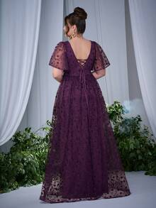 Plus Size Floral Embroidered Lace Sheer Midi Dress With Flared Hem, High-End Evening Gown, Elegant Bridesmaid Dress - Purple - View 2