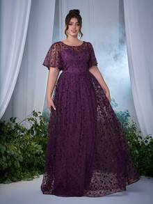 Plus Size Floral Embroidered Lace Sheer Midi Dress With Flared Hem, High-End Evening Gown, Elegant Bridesmaid Dress - Purple - View 5