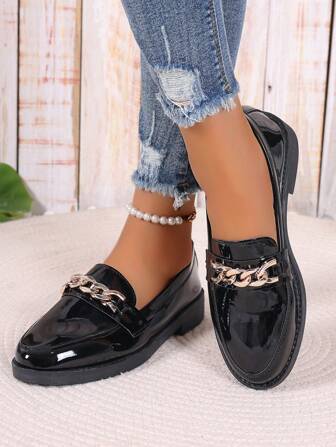 Women's Minimalist Comfortable Chain Decor Loafers, Black Fashion Metal Chain Solid Color Loafers
