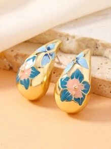 1 对美丽的花朵和蝴蝶形水滴吊坠耳环情人节 - 金黃色 - 查看 9