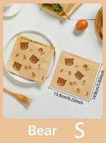 25pcs/Pack Brown Kraft Paper Bear & Lemon Print Sandwich/Bread/ Oil Proof Self-Adhesive Packaging Bags, Suitable For Sandwiches, Burgers, Fries, Party Snacks Etc. (Slight Difference In Pattern Arrangement Due To Production Batch) - Brown - View 13