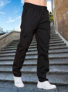Men's Cargo Pants With 6 Pockets, Wide, Skate Pants, Drawstring Closure - Black - View 4