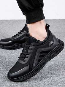 Hombres Zapatos de atletismo transpirable con estampado de letra con cordón delantero deportivo exterior de tela,Zapatos Deportivos Impermeables Antideslizantes Para Hombre, Ropa Informal De Otoño/invierno, Zapatos Para Correr, Negro, Cuatro Estaciones - Negro - Ver 5