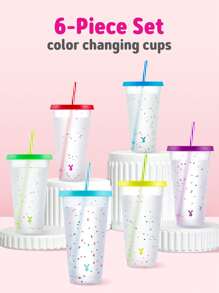 paquete de 6 - Tazas de plástico reutilizables de 710ml con tapa y pajita que cambian de color con confeti, para café helado, fiestas, piscina - Tazas para niños y adultos