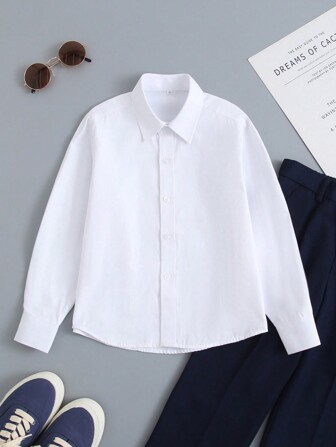 青少年男孩白色精緻牛津布經典禮服襯衫，適合學校、畢業、表演、派對和節日