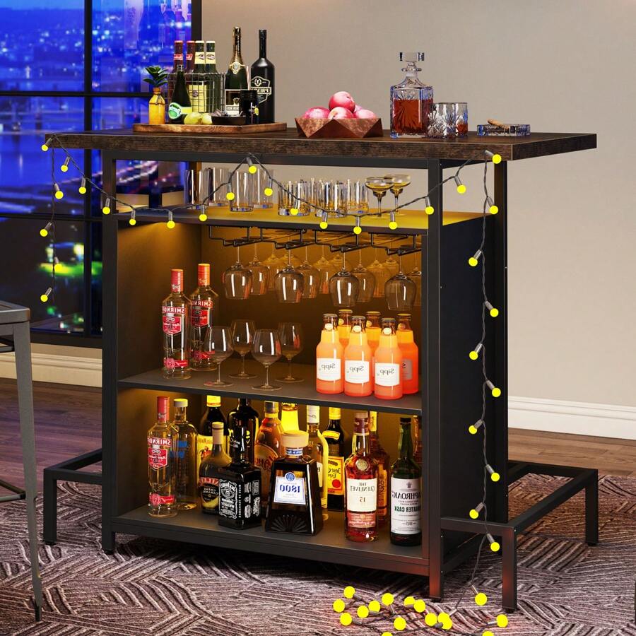 Tribesigns Industrial 3Tier Home Bar Unit With Wine Storage And Glass