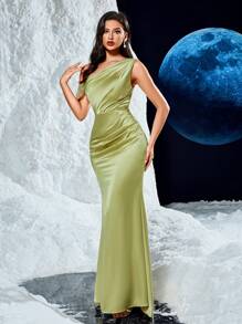 UNITHORSE Váy dạ hội dài không tay thêu hạt cườm cổ điển bằng vải satin, váy dạ hội trang trọng, dành cho khách dự tiệc cưới, lễ tốt nghiệp, tiệc tối - Màu Mù tạt vàng - Xem 2