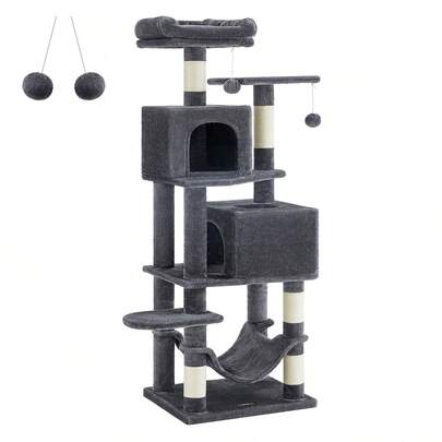  Feandrea Árbol para Gatos de 155 cm de Altura, 49 x 40 x 155 cm, Rascador para Gatos con 5 Postes, Felpa Multicapa, Gris Ahumado