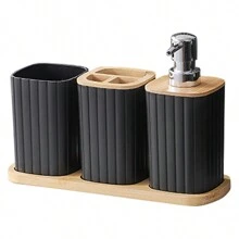 4Pcs Bathroom Set Soap Dispenser Toothbrush Cup And Bamboo Tray Set Countertop Toiletries Storage Set For Farmhouse Bathroom Decor Fall Decor Back To School