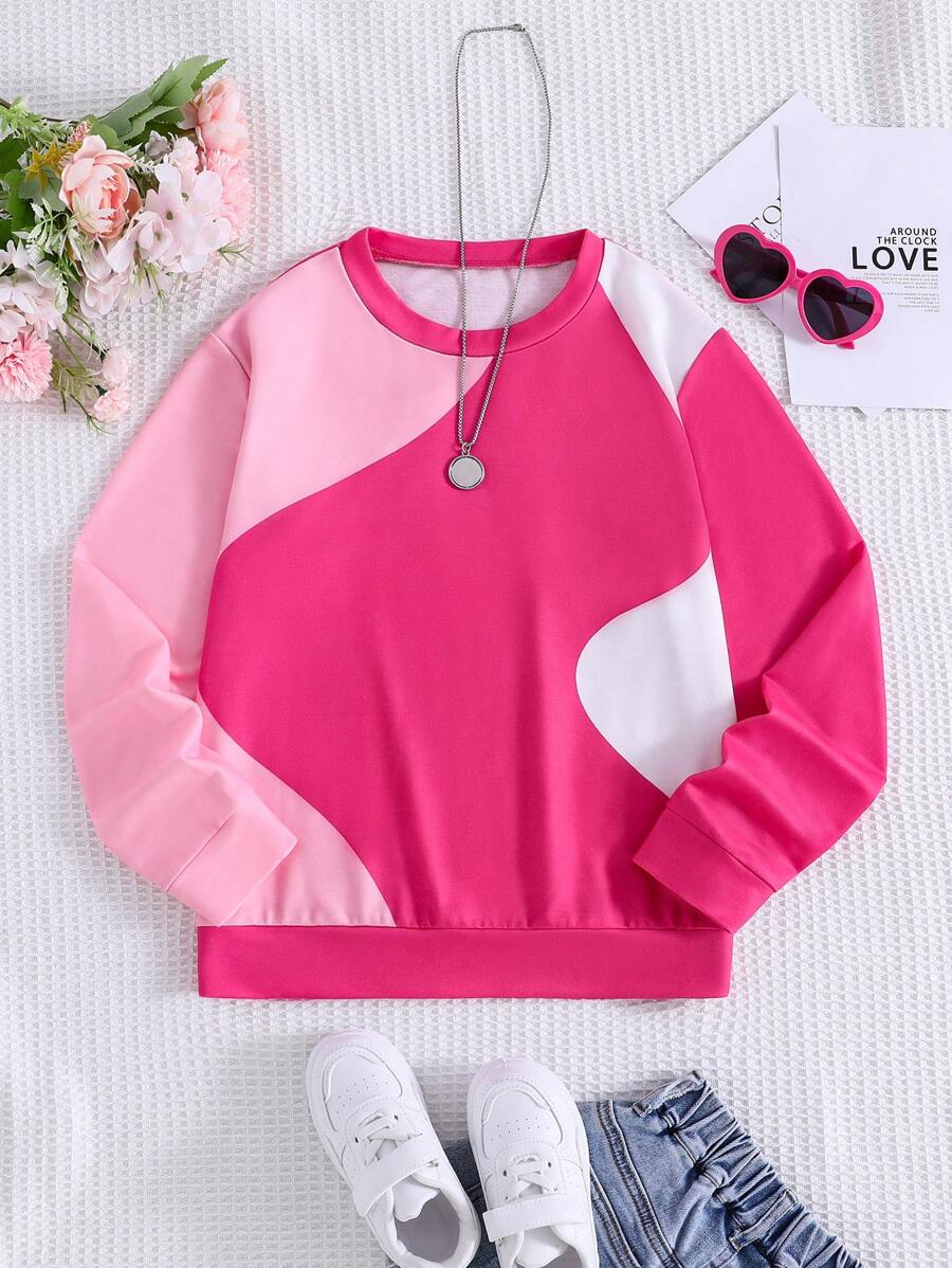 1pc Girls' Casual Versatile Colorblock Round Neck Sweatshirt, Autumn/Winter - Pink - View 1