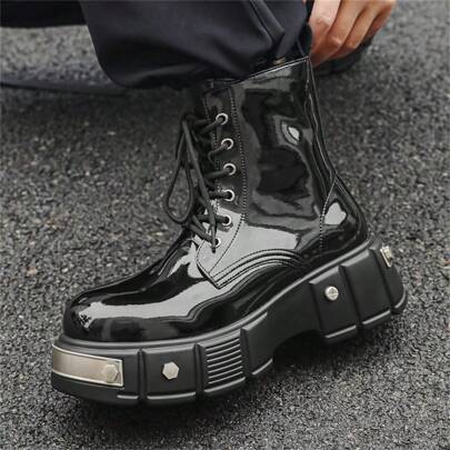 Men Shiny High-Top Boots, Fashion Elevated Shoes For Street, Punk Rock/Music Show, Metallic Feel, Autumn