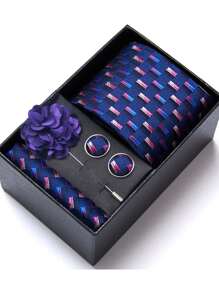 AlanKing 1 set de corbata, pañuelo de bolsillo, gemelos y broche con diseño de flor dorado para hombre, para fiestas/festivales