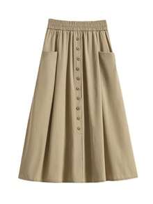 Women's Elastic Waist A-Line Skirt, With Button Decor - Khaki - View 4