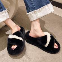 女士舒适毛绒坡跟厚底拖鞋，防滑橡胶底，一脚蹬保暖家居鞋，纯色室内外穿着 - 黑色 - 查看 4