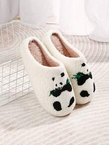 新款可爱卡通动物毛绒内衬厚圣诞树拖鞋，儿童和青少年防滑保暖室内家居拖鞋，节日氛围保暖拖鞋 - 白色 - 查看 3